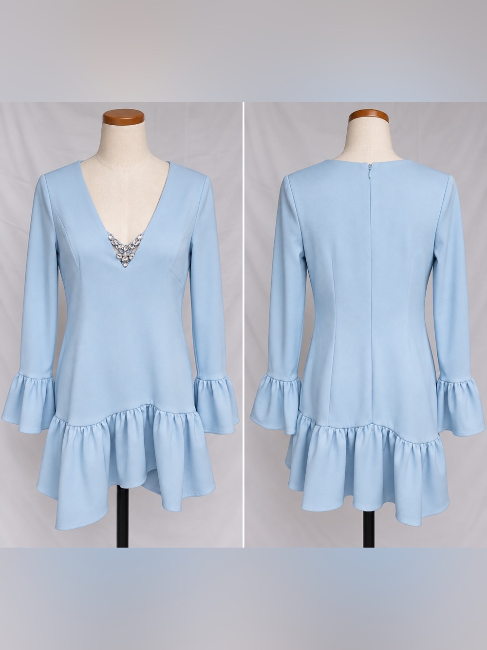 SIENA Women’s Size 10 Blue Ruffle Mini Dress Rhinestone V-Neck NWT $138